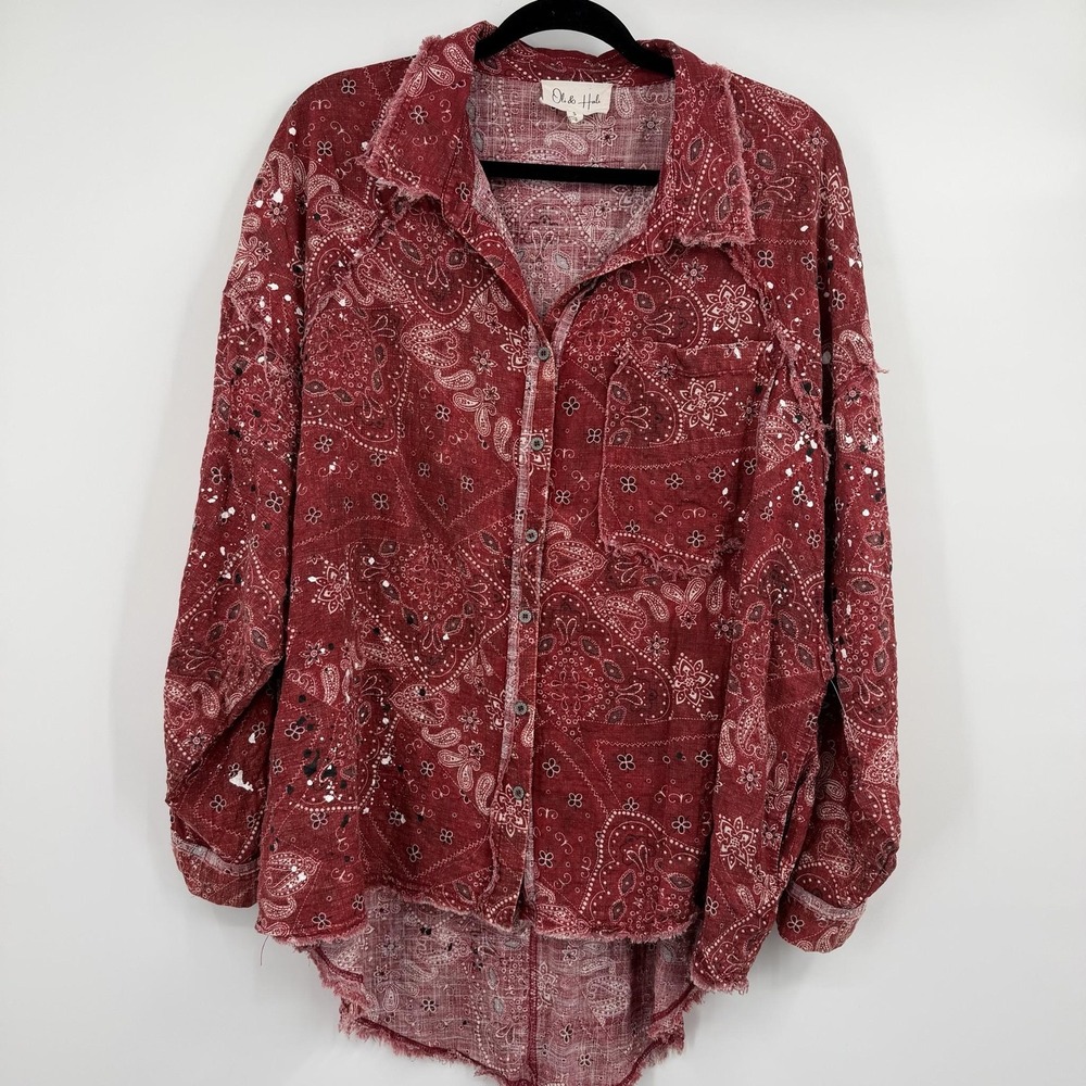Oli & Hali Tunic Womens Small Red Collared Button-Up Boxy Paisley Fringe